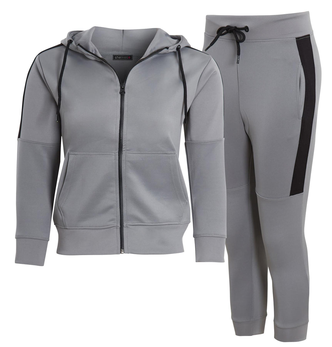 Unisex Panel Tracksuit Hooded Jogging Full Zip Suit Jog Suit - Grey