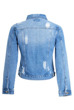 Load image into Gallery viewer, Womens Denim Jacket Blue Ripped Distressed Button Up - Blue
