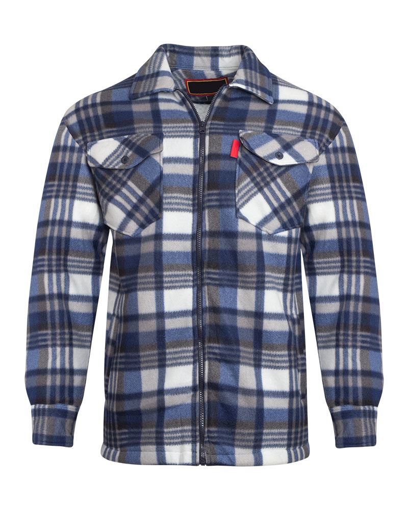 Unisex Fleece Fur Lined Hood Check Quilted Shirt - Navy/Blue (Collar)