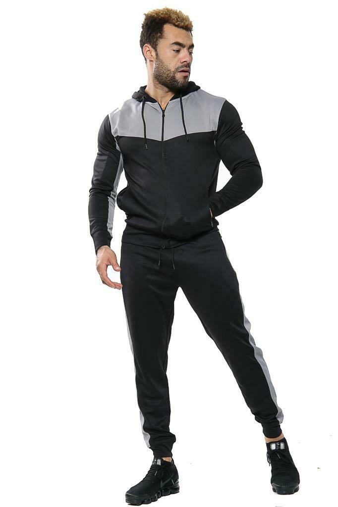 Mens Tracksuit Zip Up Hoodie Slim Fit Pants Set - Black/Grey (AV20-U)