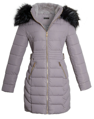 Shelikes Womens Faux Fur Parka Coat Quilted Jacket - Grey