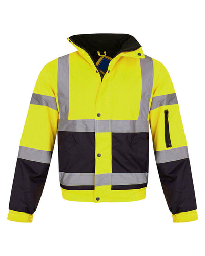 Hi Vis Visibility Bomber Workwear Security Hooded Waterproof Jacket - Yellow/Navy