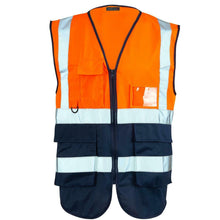 Load image into Gallery viewer, Hi Vis Vest with Phone &amp; ID Pockets 2 tone Waistcoat - Orange/Navy
