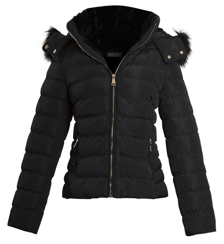 Shelikes Womens Faux Fur Hooded Zip Up Jacket - Black