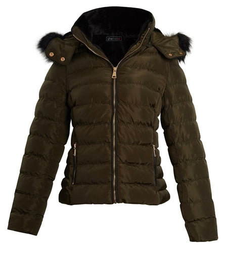 Shelikes Womens Faux Fur Hooded Zip Up Jacket - Green