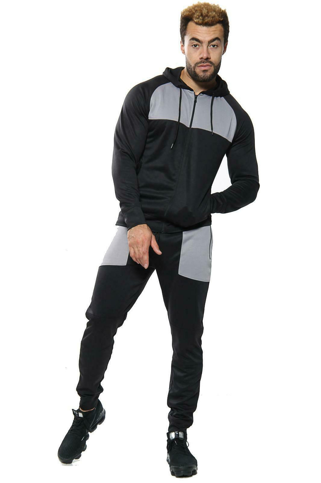 Mens Full Zip Hooded Skinny Fit Lightweight Tracksuit Set - Black/Grey (AV20-V)