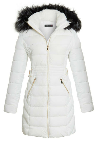 Shelikes Womens Faux Fur Parka Coat Quilted Jacket - Off White