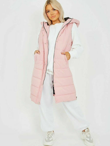 Womens Hooded Quilted Zip Up Gilet Waistcoat - Pink