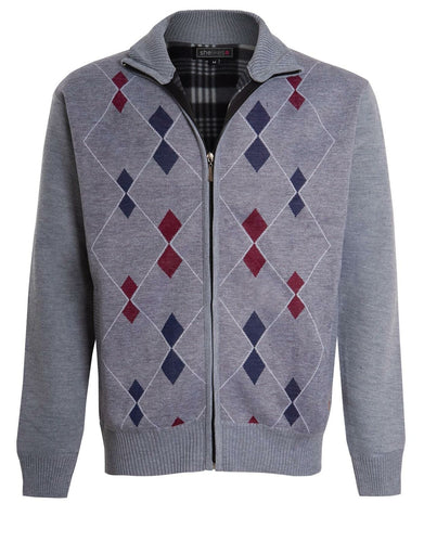 Shelikes Mens Diamond Pattern Fur Line Zip Up Cardigan - Grey