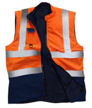 Load image into Gallery viewer, Hi Vis Viz Body Warmer Reversible Gilet Sleeveless Waistcoat - Orange/Navy
