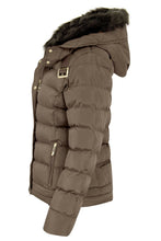 Load image into Gallery viewer, Womens Quilted Pocket Belt Padded Jacket Fur Zip Hooded - Beige
