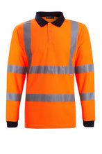 Load image into Gallery viewer, Mens Hi Vis Viz Long Sleeve Polo Contrast Workwear Tee Tshirt - Orange (100)
