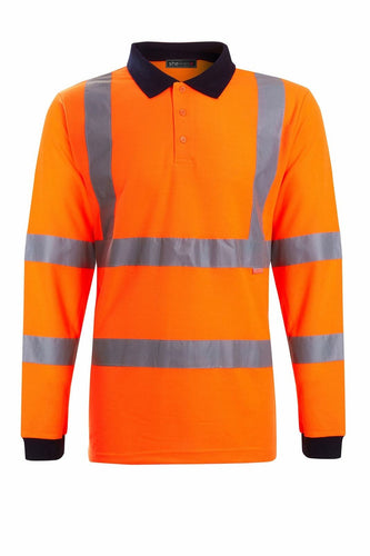 Mens Hi Vis Viz Long Sleeve Polo Contrast Workwear Tee Tshirt - Orange (100)