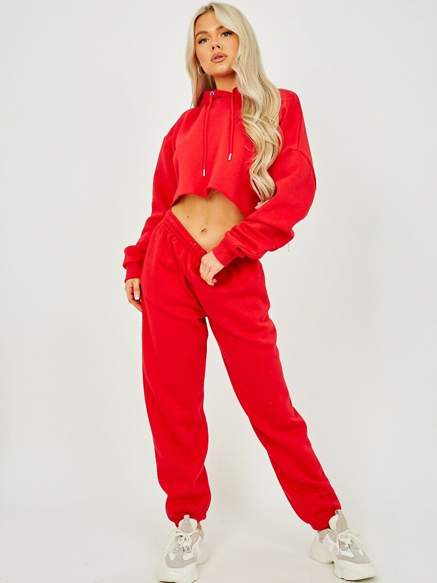 Womens Activewear Long Sleeve Crop Top Joggers Set Tracksuit - Red