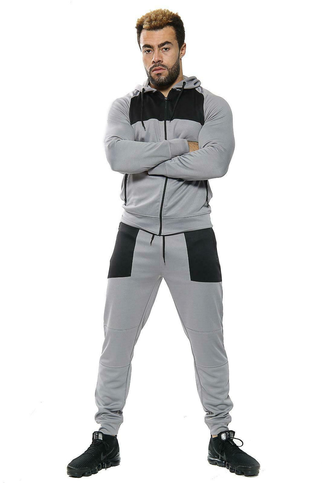 Mens Full Zip Hooded Skinny Fit Lightweight Tracksuit Set - Grey/Black (AV20-V)