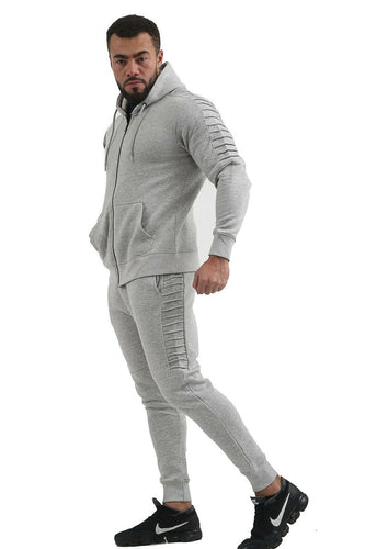 Mens Slim Fit Exercise Gym Jogging Casual Zip Up Tracksuit - Grey