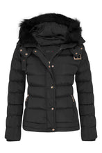 Load image into Gallery viewer, Womens Quilted Pocket Belt Padded Jacket Fur Zip Hooded - Black
