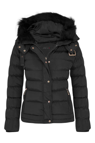 Womens Quilted Pocket Belt Padded Jacket Fur Zip Hooded - Black