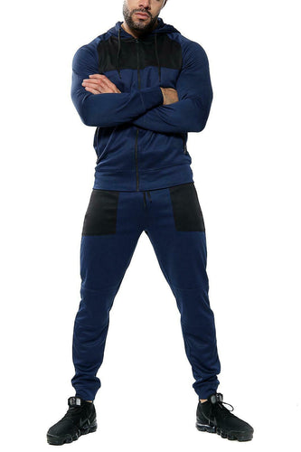 Mens Full Zip Hooded Skinny Fit Lightweight Tracksuit Set - Navy/Black (AV20-V)