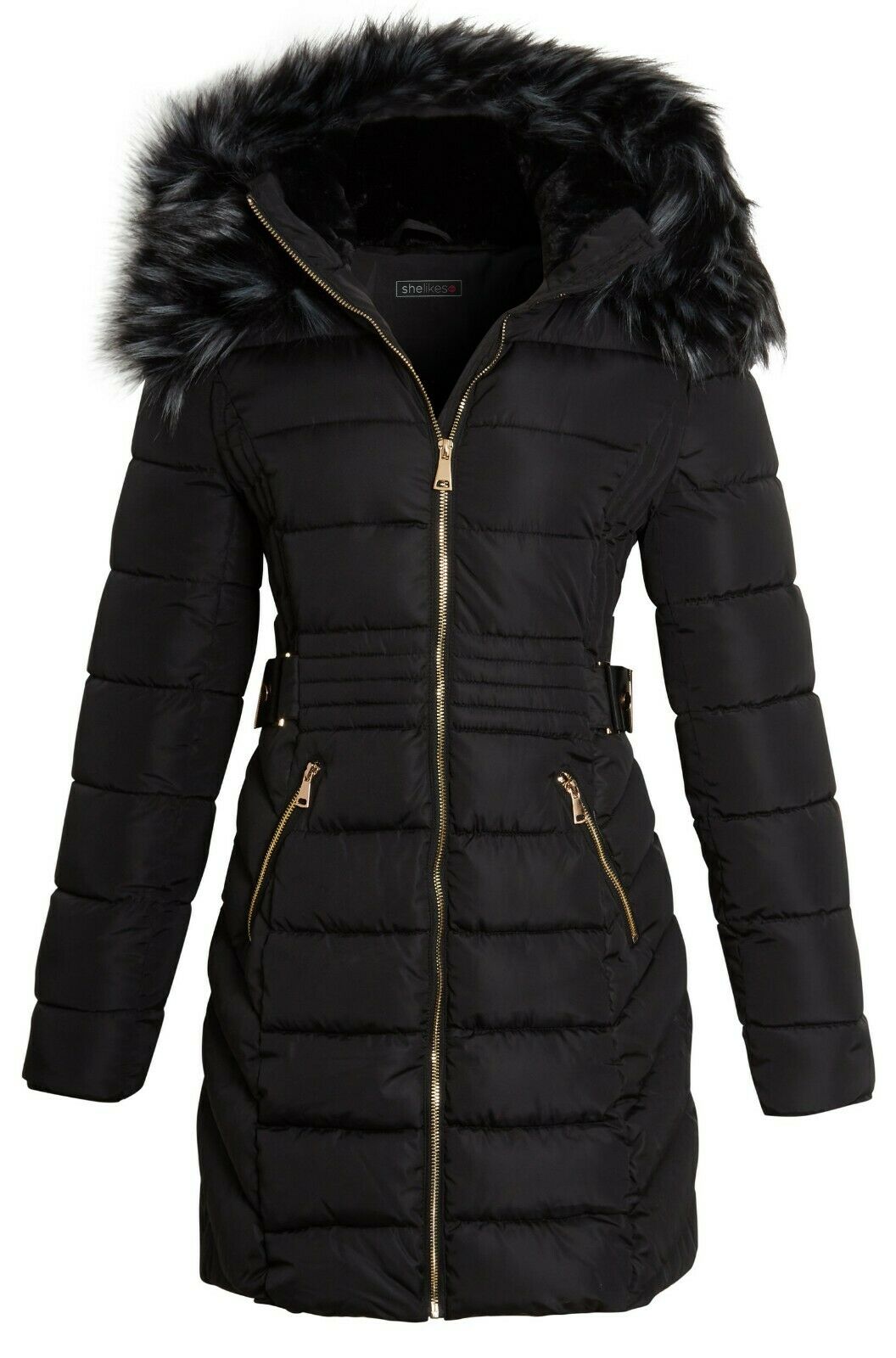 Shelikes Womens Faux Fur Parka Coat Quilted Jacket - Black