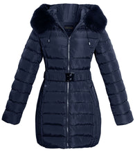 Load image into Gallery viewer, Shelikes Ladies Hooded Stitch Detail Zip Up Long Coat Jacket - Navy
