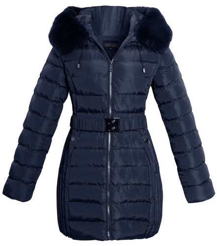 Shelikes Ladies Hooded Stitch Detail Zip Up Long Coat Jacket - Navy