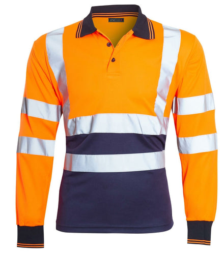Mens Hi Vis Viz Long Sleeve Polo Contrast Workwear Tee Tshirt - Orange/Navy