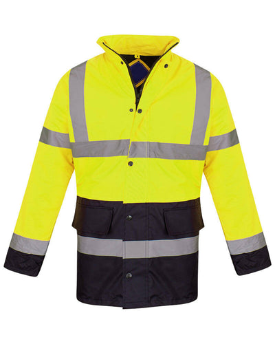 Hi Vis Parka Workwear Safety Hooded Jacket - Yellow/Navy