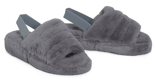 Womens Fluffy Faux Fur Peep Toe Slipper - Dark Grey
