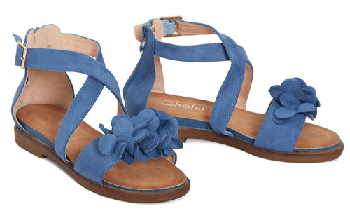Ladies Open Summer Flower Comfortable Toe Shoes - Blue