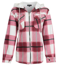 Load image into Gallery viewer, Womens Check Fleece Zip Up Hooded Shacket-Wine Check
