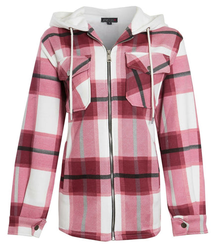 Womens Check Fleece Zip Up Hooded Shacket-Wine Check