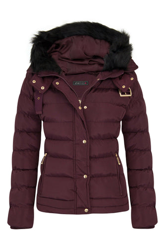 Womens Quilted Pocket Belt Padded Jacket Fur Zip Hooded - Wine