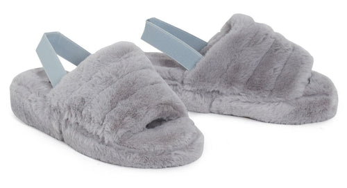 Womens Fluffy Faux Fur Peep Toe Slipper - Light Grey