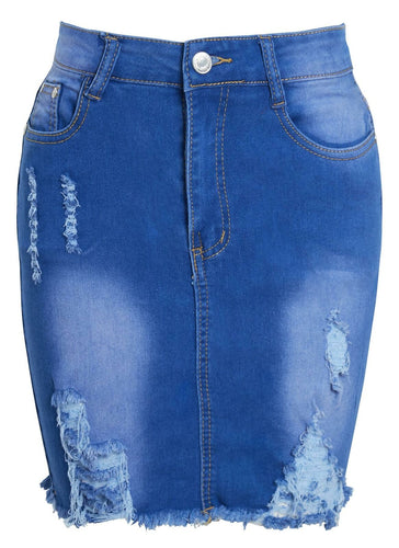 Ladies Ripped Distressed Frayed Mid Blue Denim Mini Skirt - Blue