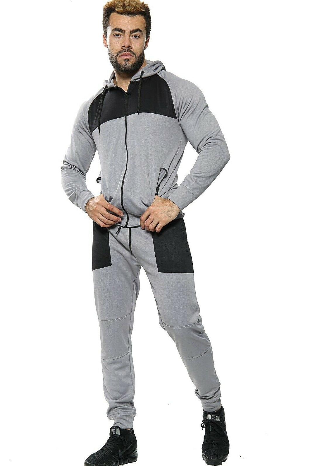 Mens Tracksuit Zip Up Hoodie Slim Fit Pants Set - Grey/Black (AV20-V)