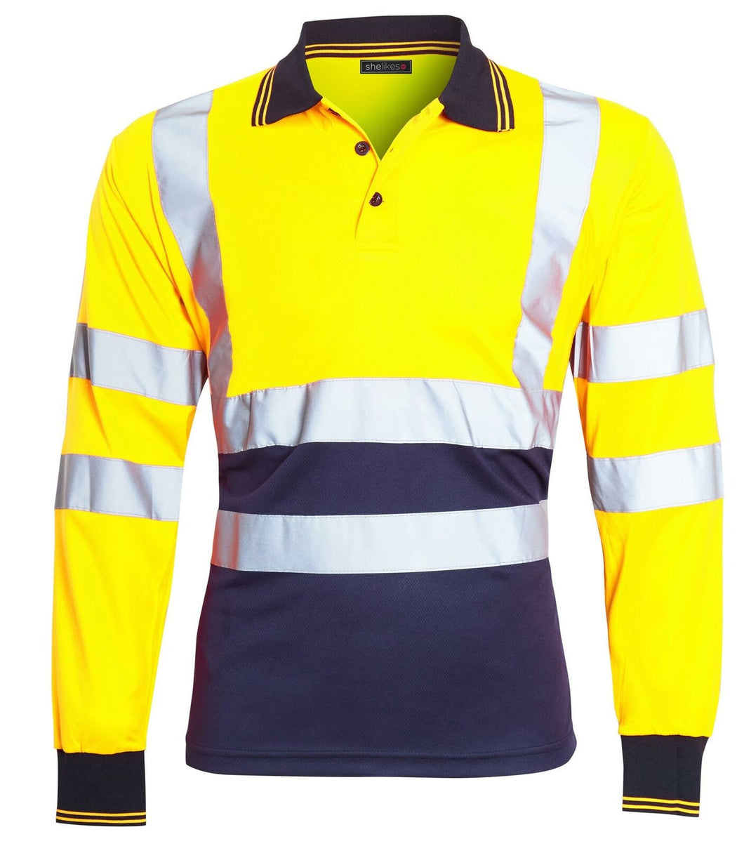 Mens Hi Vis Viz Long Sleeve Polo Contrast Workwear Tee Tshirt - Yellow/Navy