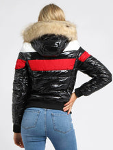 Load image into Gallery viewer, Womens Puffer Jacket Wet Look Faux Fur Coat - Black/Red
