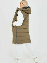 Load image into Gallery viewer, Womens Hooded Quilted Zip Up Gilet Waistcoat - Khaki
