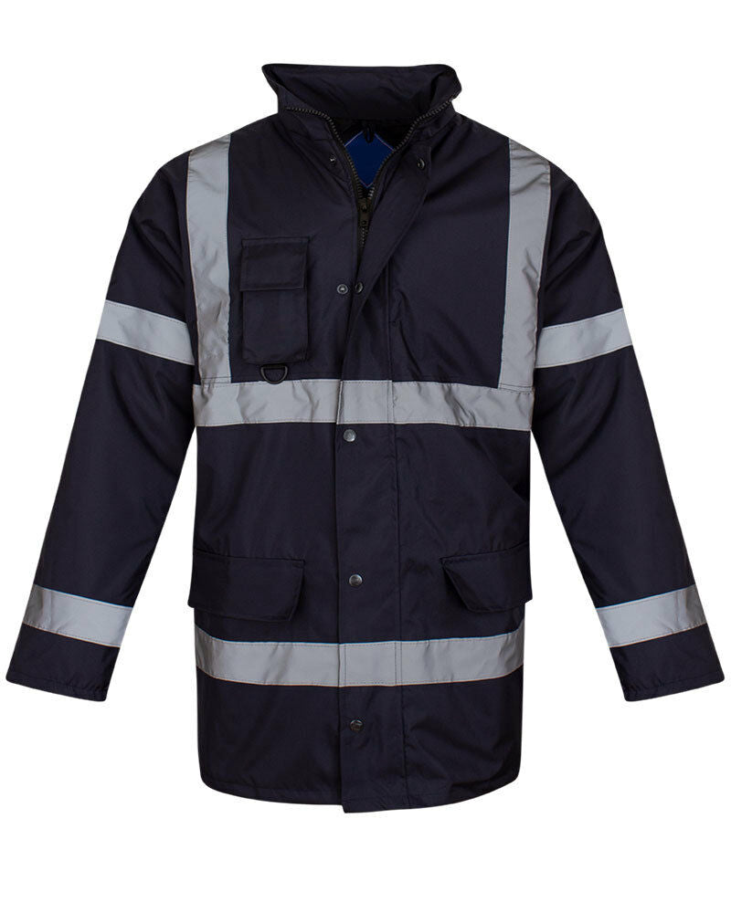 Hi Vis Parka Workwear Safety Hooded Jacket - Navy