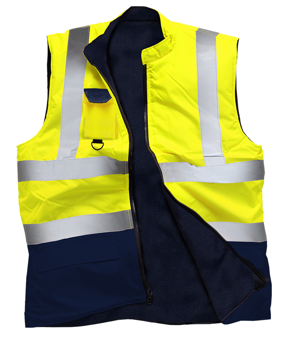 Hi Vis Viz Body Warmer Reversible Gilet Sleeveless Waistcoat - Yellow/Navy