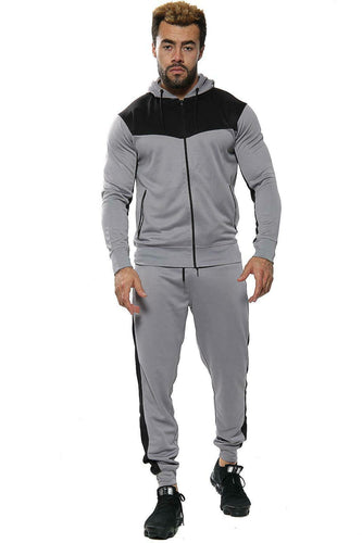 Mens Full Zip Hooded Skinny Fit Lightweight Tracksuit Set - Grey/Black (AV20-U)