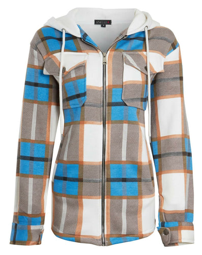 Womens Check Fleece Zip Up Hooded Shacket-Sky Blue/Brown