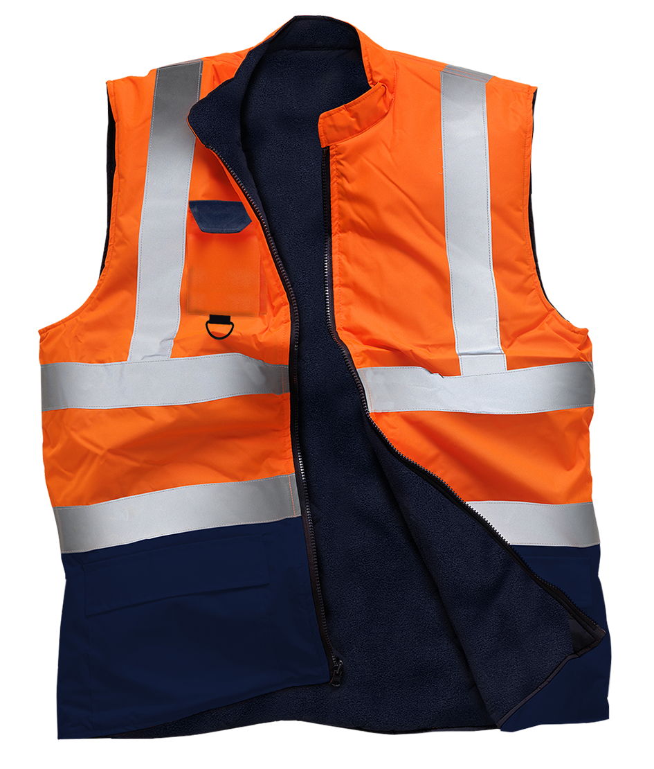 Hi Vis Viz Body Warmer Reversible Gilet Sleeveless Waistcoat - Orange/Navy