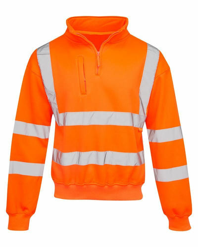 Mens Long Sleeve Quarter Zip Hi Vis Fleece Sweatshirt - Orange Plain