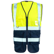 Load image into Gallery viewer, Hi Vis Vest with Phone &amp; ID Pockets 2 tone Waistcoat - Yellow/Navy
