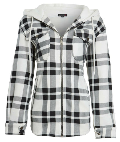 Womens Check Fleece Zip Up Hooded Shacket-Black/White