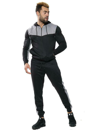 Mens Full Zip Hooded Skinny Fit Lightweight Tracksuit Set - Black/Grey (AV20-U)