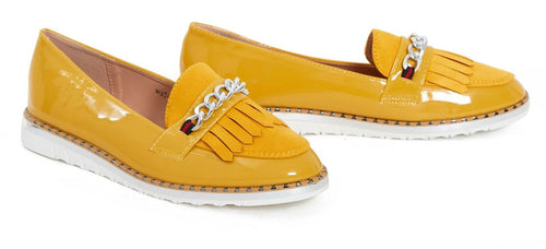 Ladies Chain Flat Sole Shiny Comfy Loafer Office Shoes - Yellow