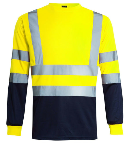 Hi Vis Viz Visibility Long Sleeve Round Neck T-Shirt Polo Safety Work Shirts, Yellow/Navy